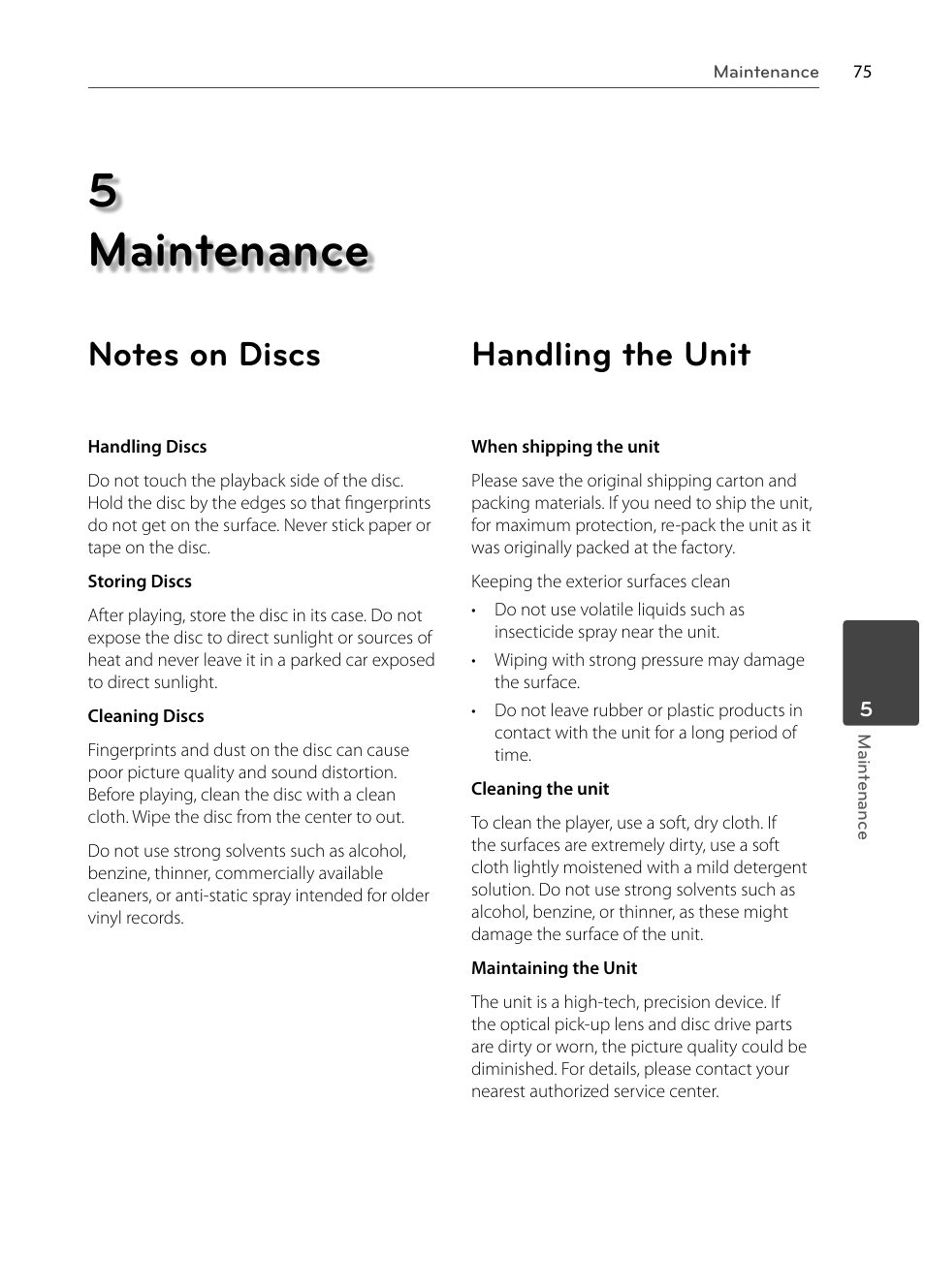 5 maintenance, Handling the unit | LG BX585 User Manual | Page 74 / 92