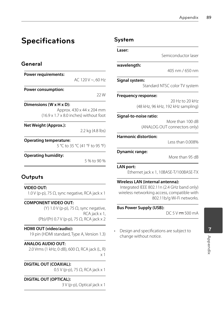 Speciﬁ cations, General, Outputs | System | LG BX585 User Manual | Page 88 / 92
