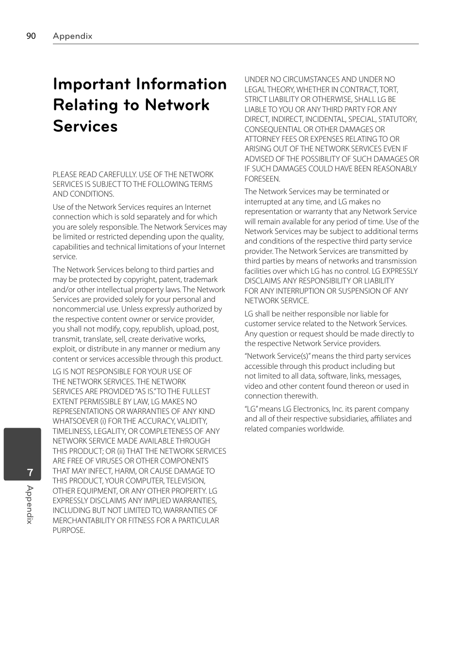 Important information relating to network services | LG BX585 User Manual | Page 89 / 92