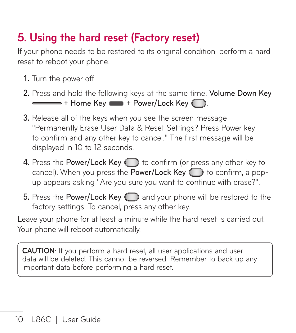 Using the hard reset (factory reset) | LG LGL86C User Manual | Page 11 / 89