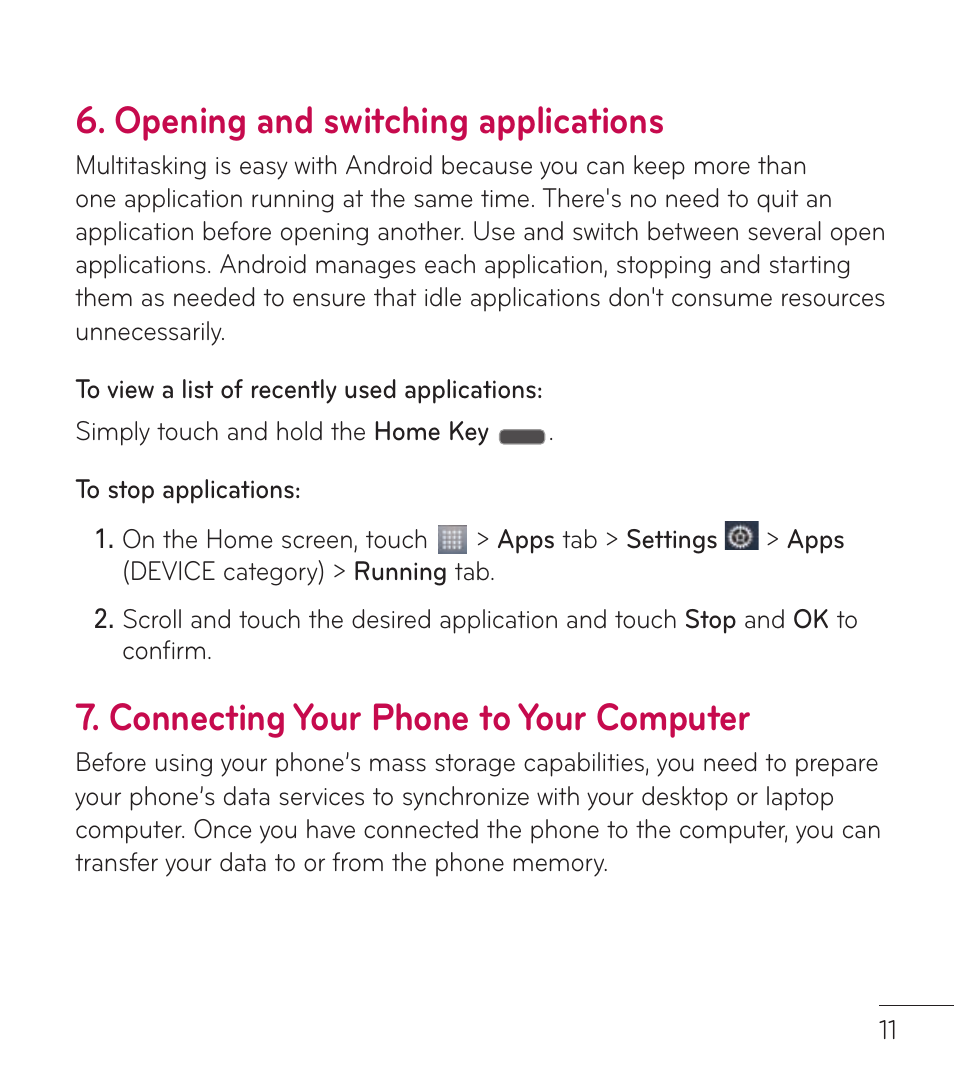Opening and switching applications, Connecting your phone to your computer | LG LGL86C User Manual | Page 12 / 89