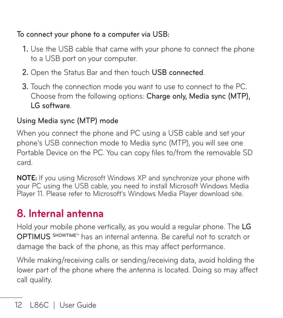 Internal antenna | LG LGL86C User Manual | Page 13 / 89