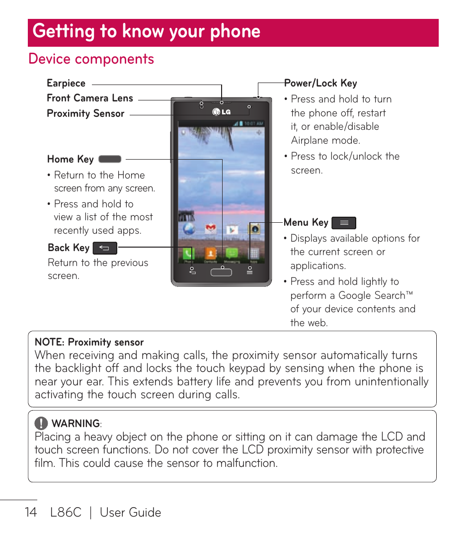 Getting to know your phone, Device components | LG LGL86C User Manual | Page 15 / 89