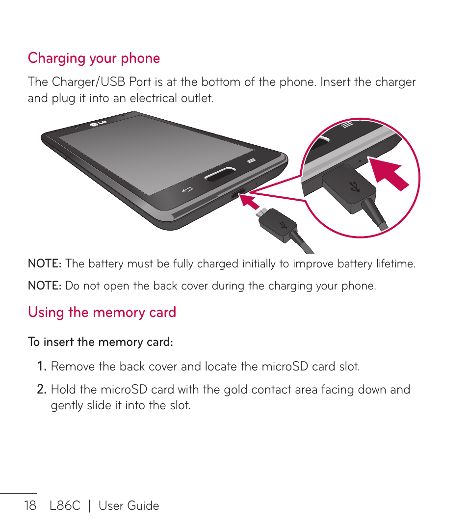 Charging your phone | LG LGL86C User Manual | Page 19 / 89