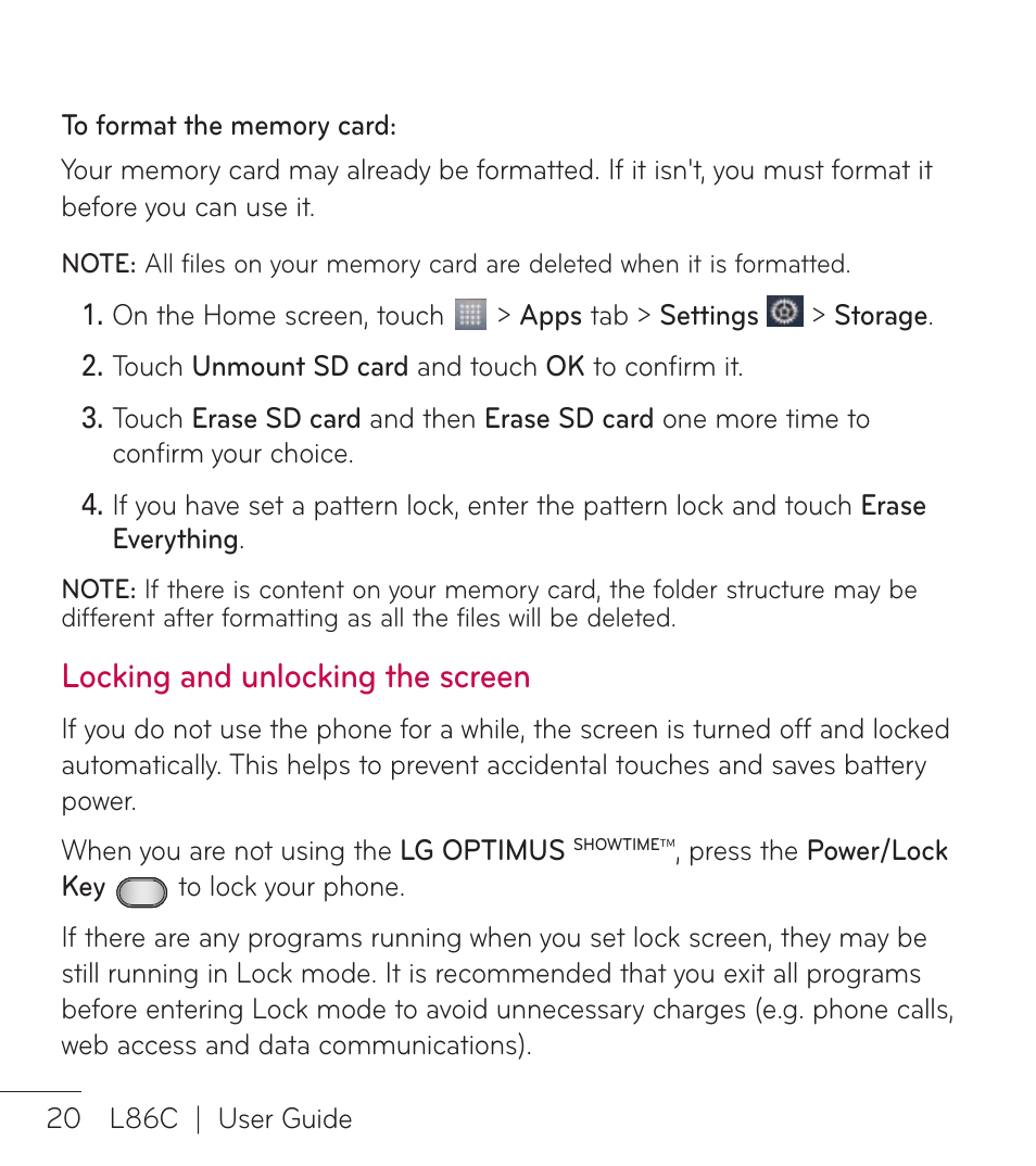 Locking and unlocking the screen | LG LGL86C User Manual | Page 21 / 89