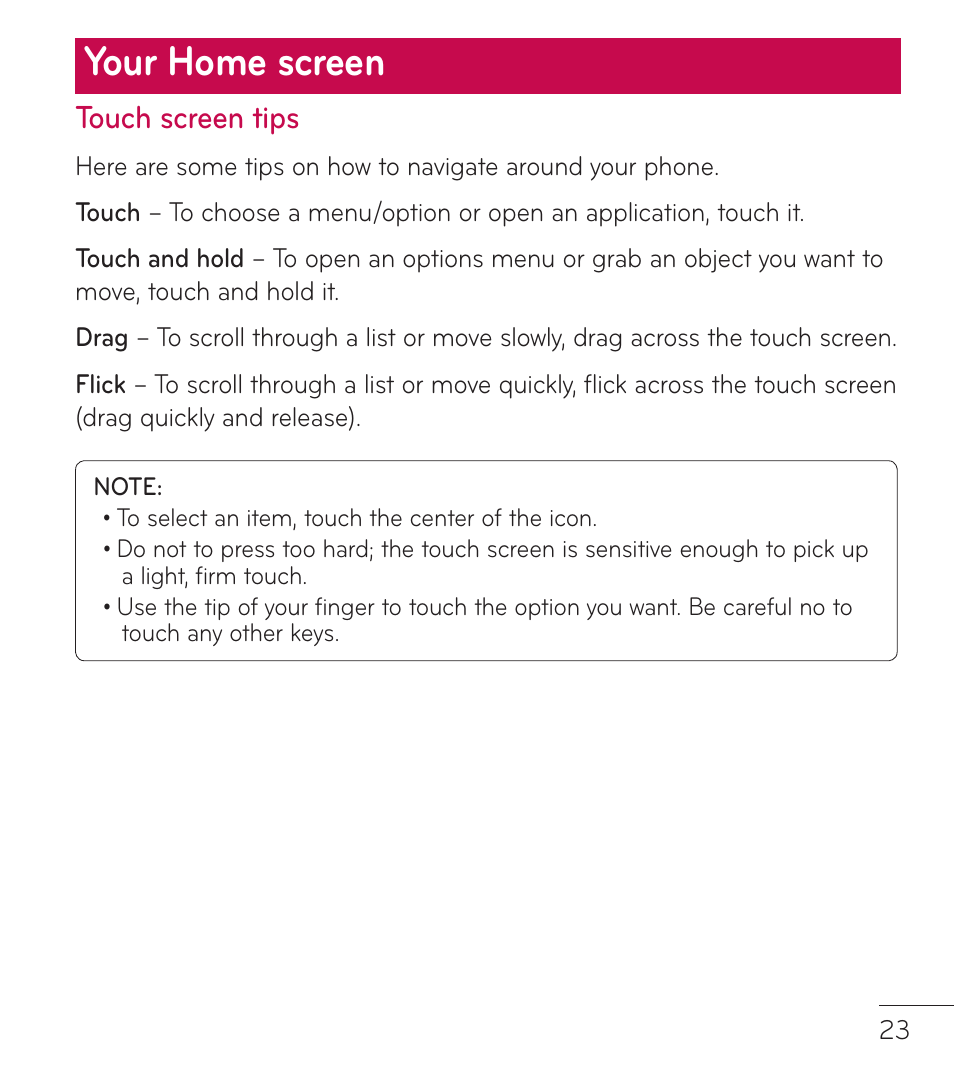 Your home screen, Touch screen tips | LG LGL86C User Manual | Page 24 / 89