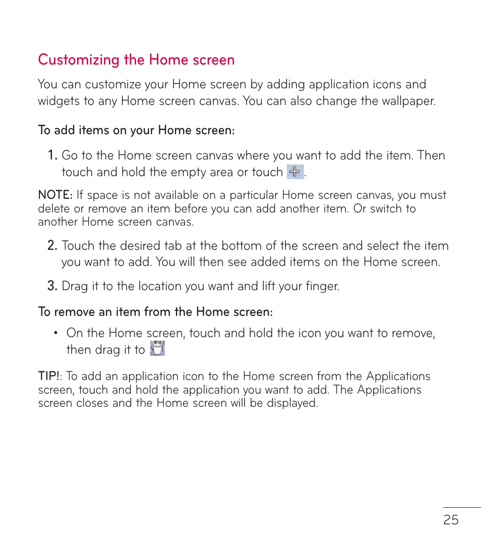 Customizing the home screen | LG LGL86C User Manual | Page 26 / 89