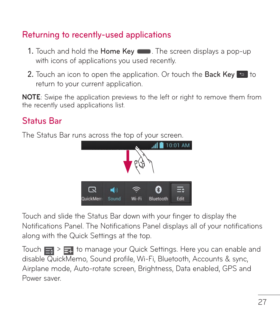 Returning to recently-used applications, Status bar | LG LGL86C User Manual | Page 28 / 89