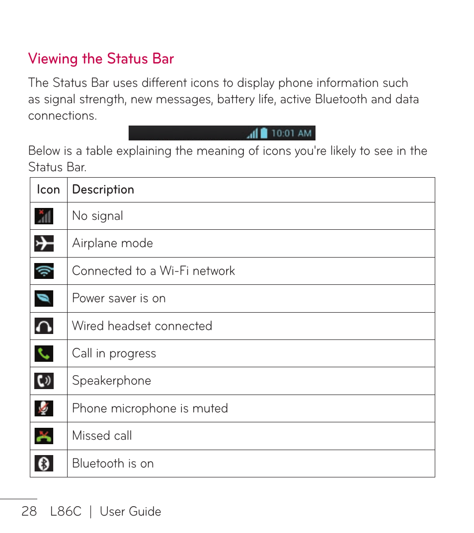 Viewing the status bar | LG LGL86C User Manual | Page 29 / 89