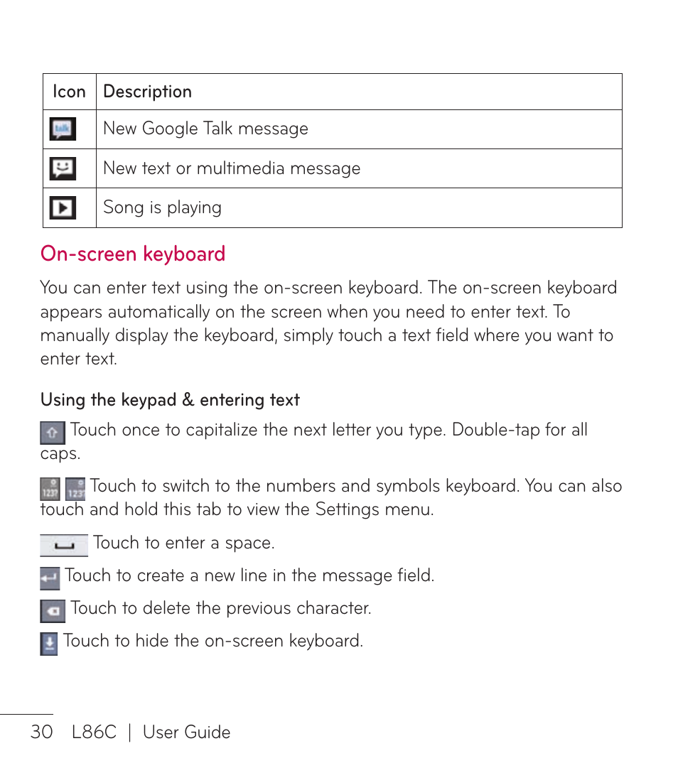 On-screen keyboard | LG LGL86C User Manual | Page 31 / 89