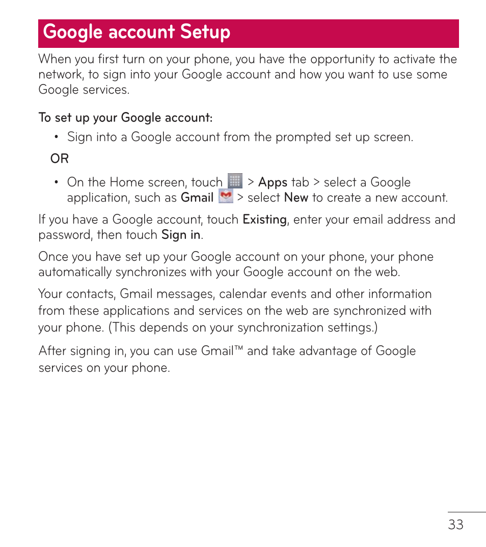 Google account setup | LG LGL86C User Manual | Page 34 / 89