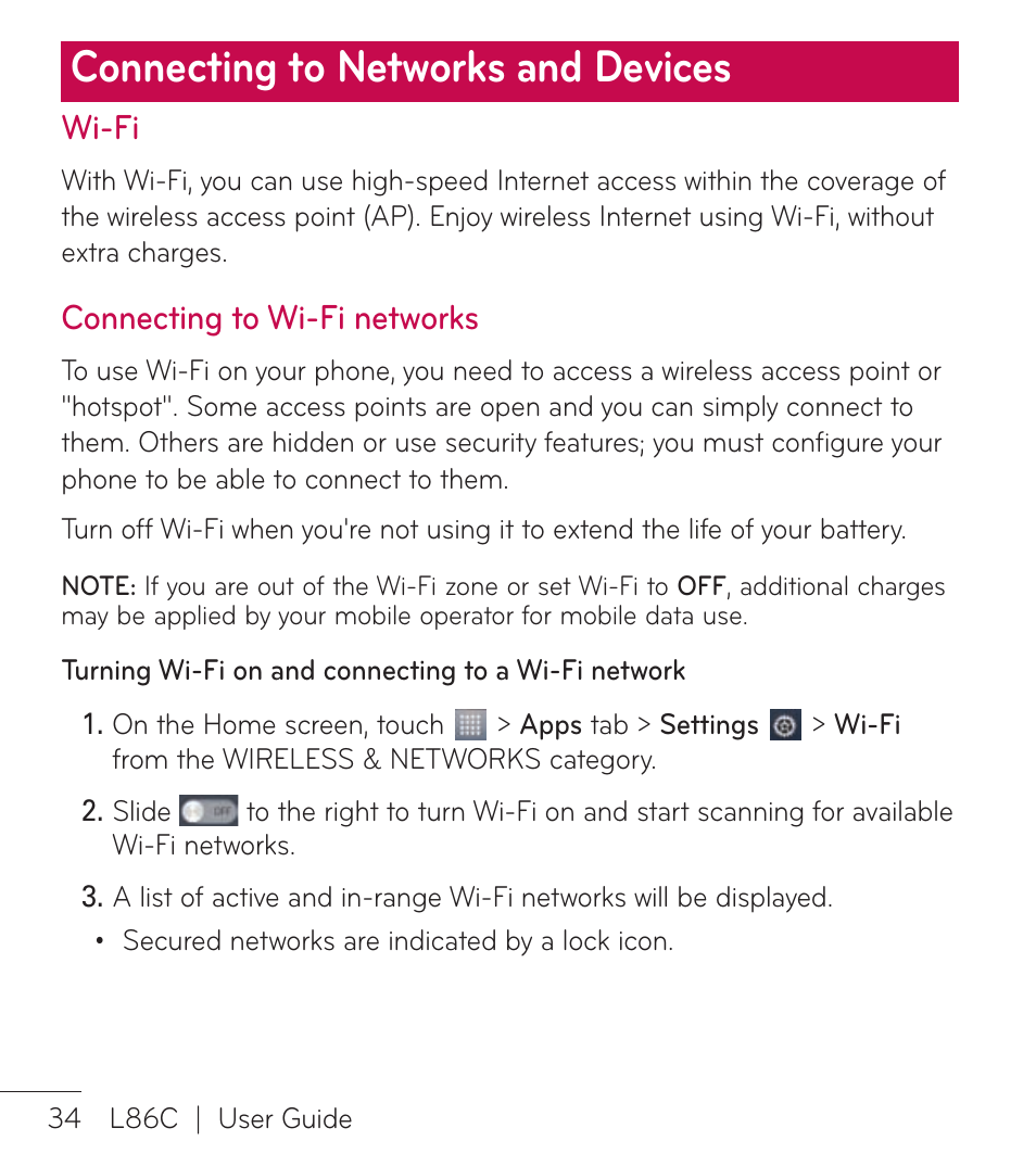 Connecting to networks and devices, Wi-fi, Connecting to wi-fi networks | LG LGL86C User Manual | Page 35 / 89