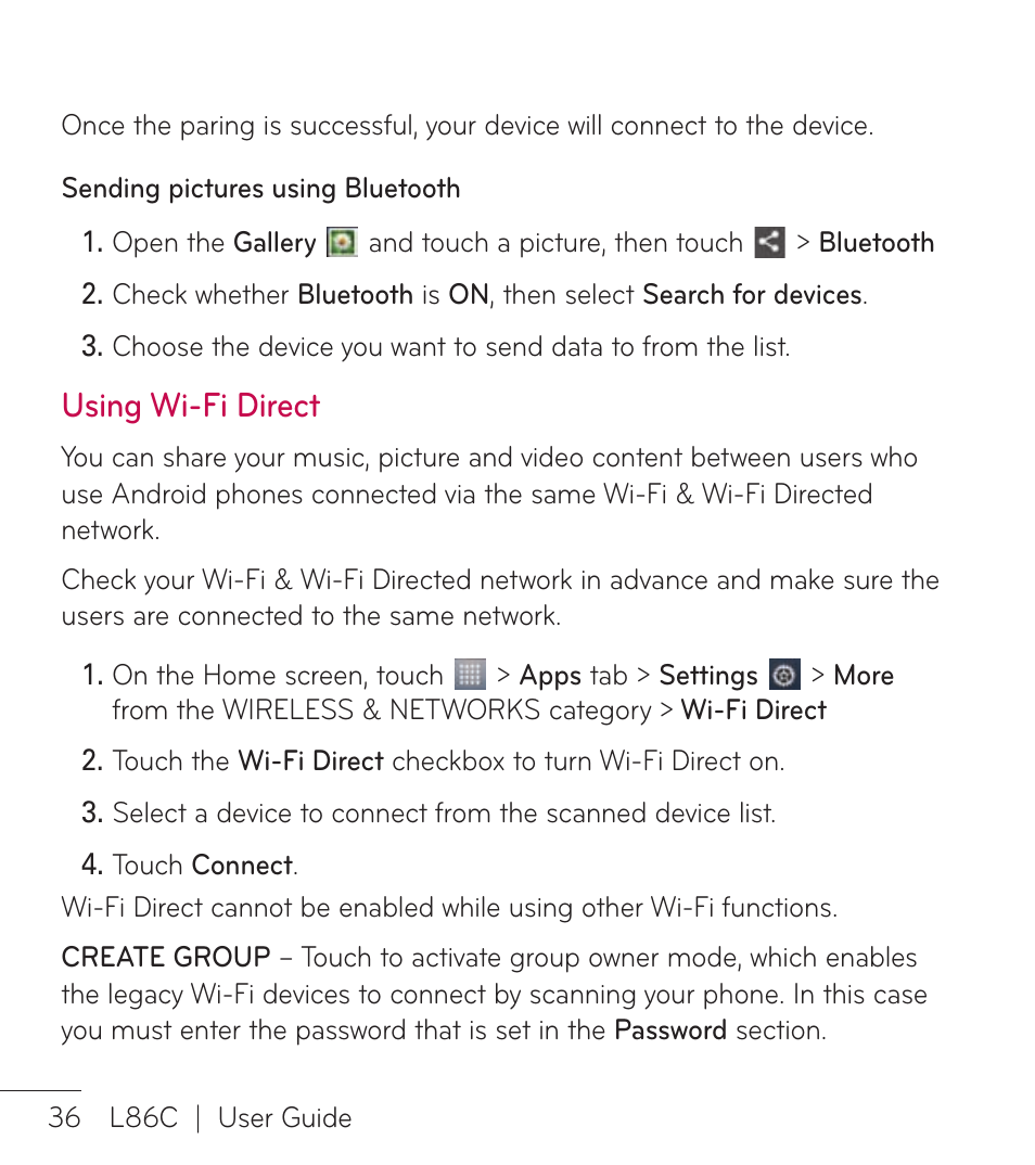 Using wi-fi direct | LG LGL86C User Manual | Page 37 / 89