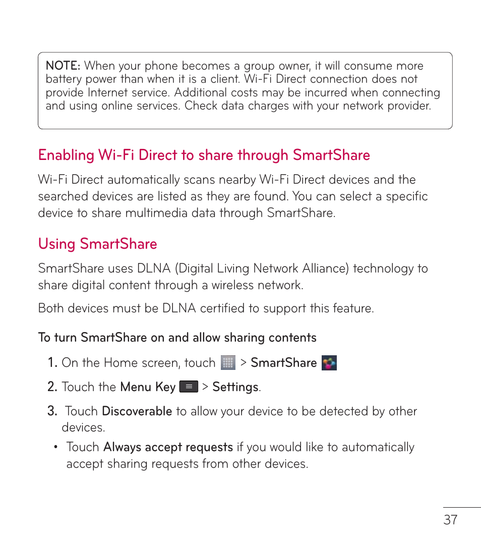 Enabling wi-fi direct to share through smartshare, Using smartshare | LG LGL86C User Manual | Page 38 / 89