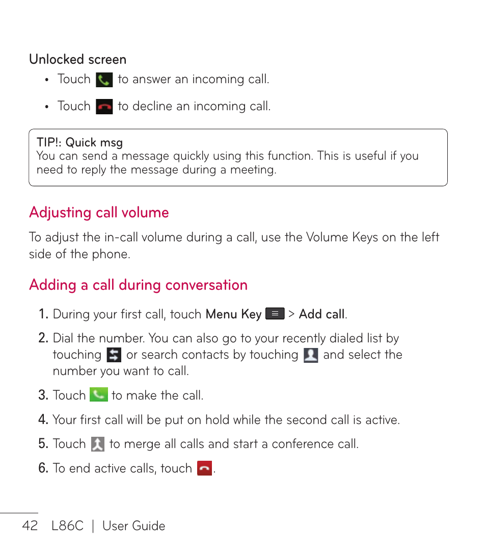 Adjusting call volume, Adding a call during conversation | LG LGL86C User Manual | Page 43 / 89