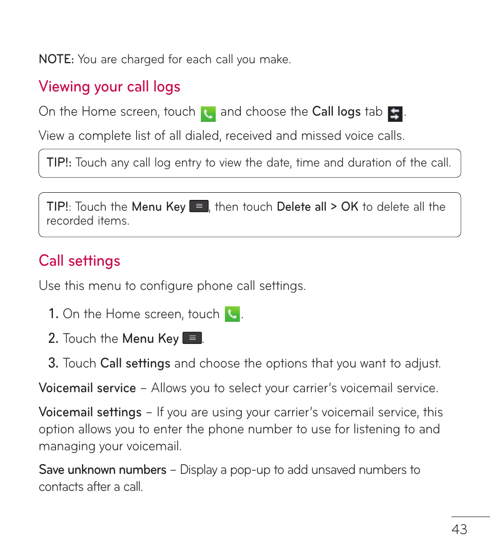 Viewing your call logs, Call settings | LG LGL86C User Manual | Page 44 / 89
