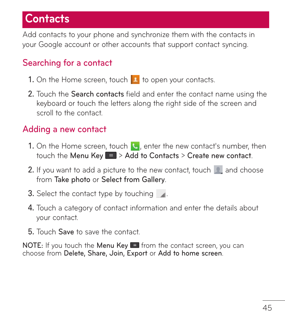 Contacts, Searching for a contact, Adding a new contact | LG LGL86C User Manual | Page 46 / 89