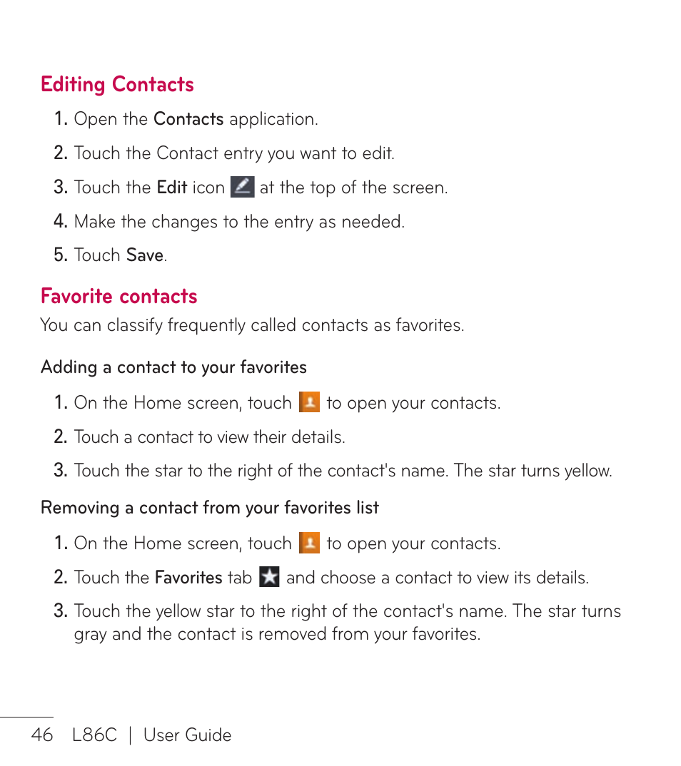 Editing contacts, Favorite contacts | LG LGL86C User Manual | Page 47 / 89