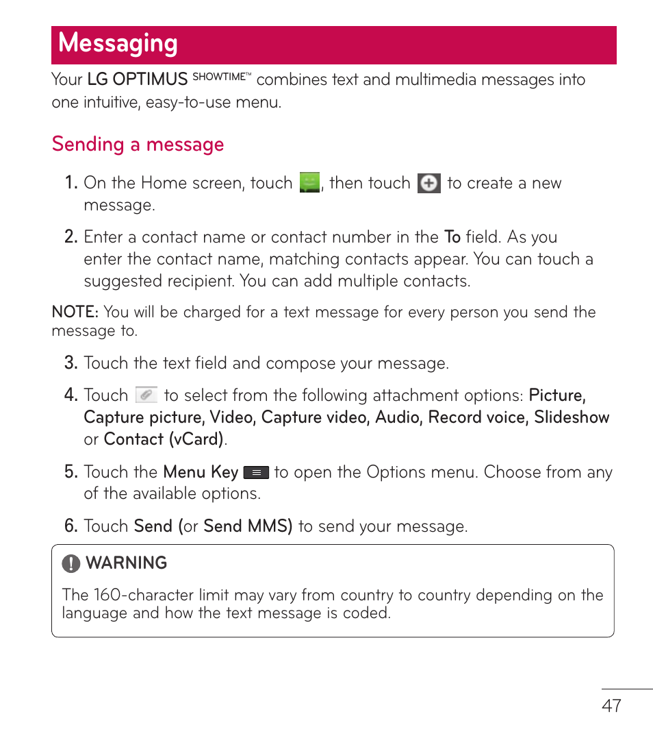 Messaging, Sending a message | LG LGL86C User Manual | Page 48 / 89