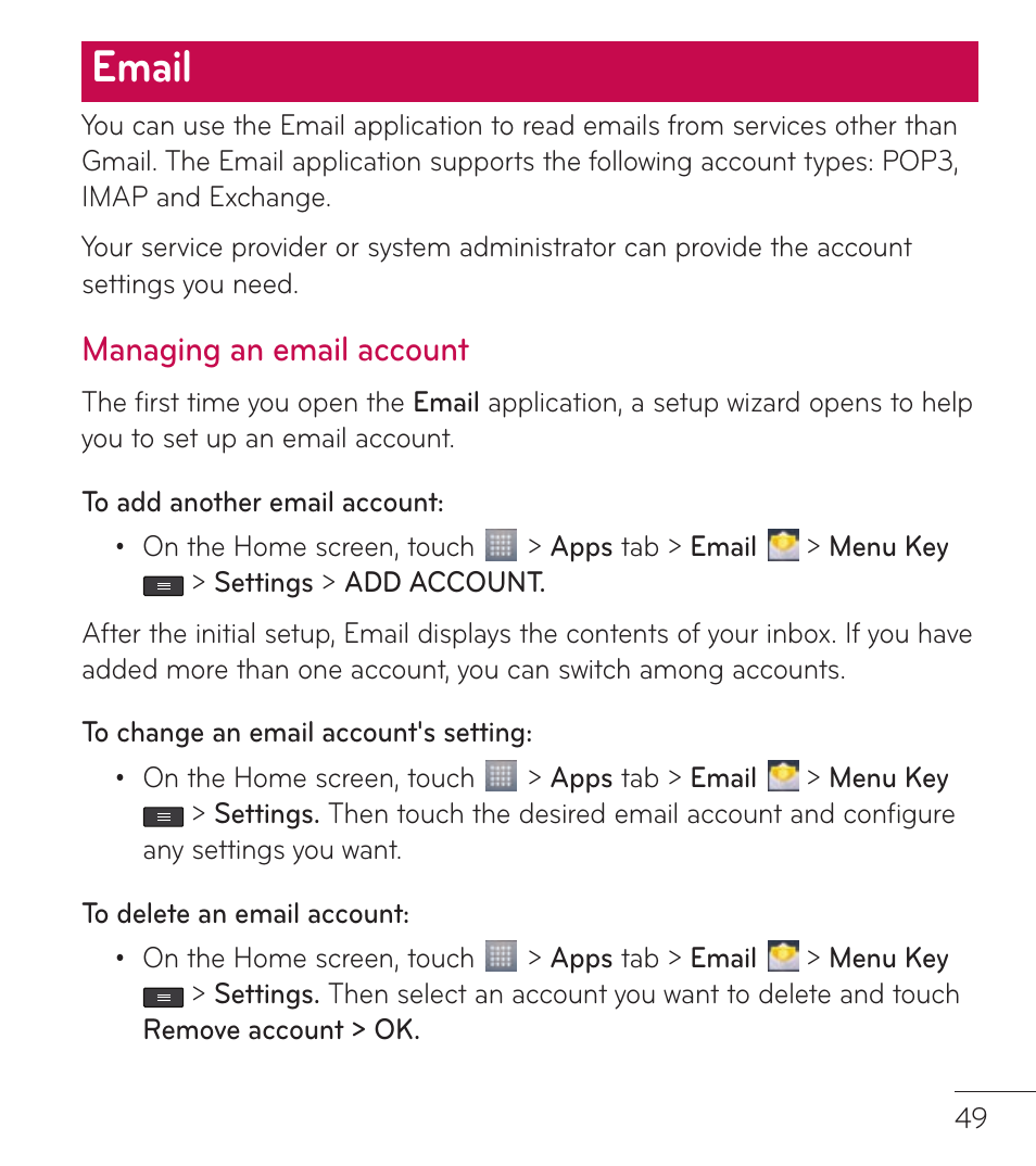 Email, Managing an email account | LG LGL86C User Manual | Page 50 / 89