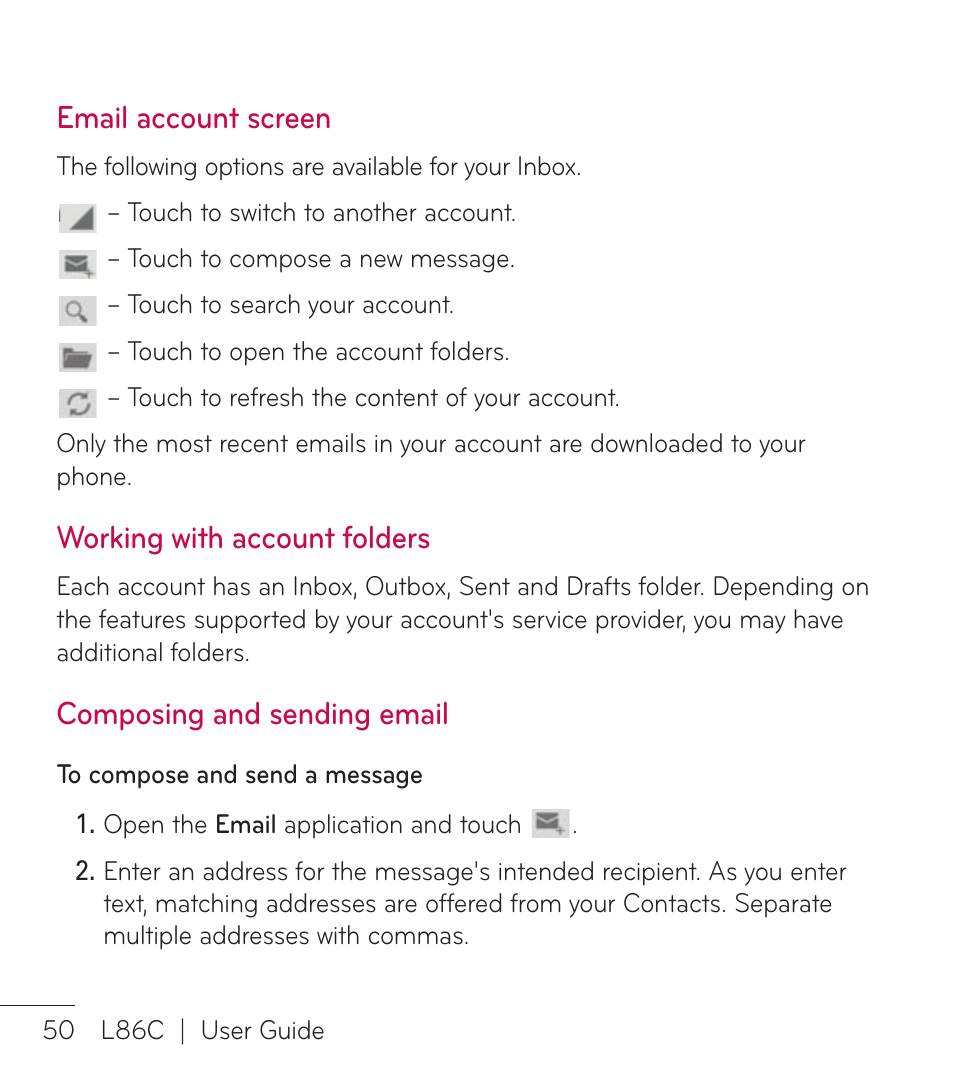 Email account screen, Working with account folders, Composing and sending email | LG LGL86C User Manual | Page 51 / 89