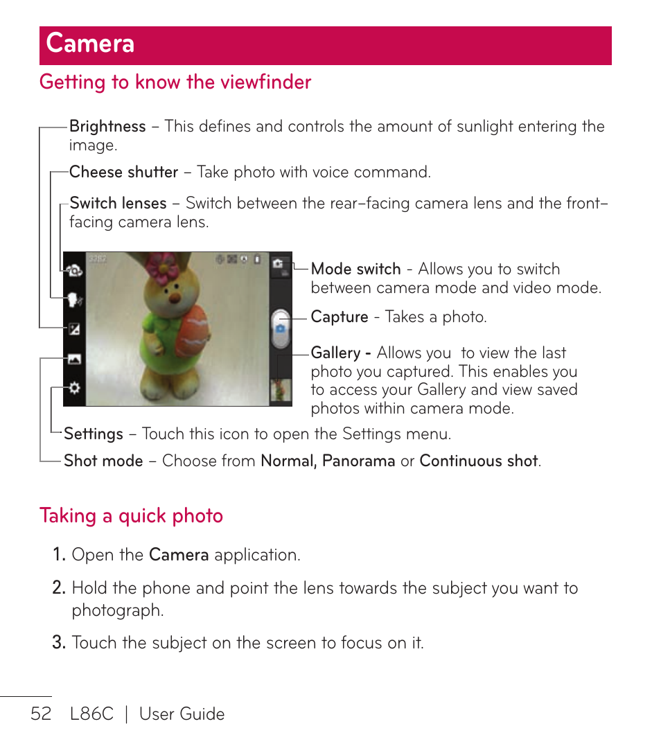 Camera, Getting to know the viewfinder, Taking a quick photo | LG LGL86C User Manual | Page 53 / 89