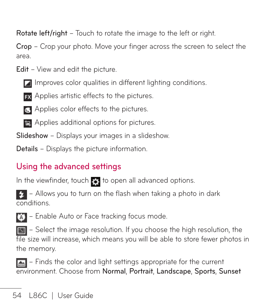Using the advanced settings | LG LGL86C User Manual | Page 55 / 89