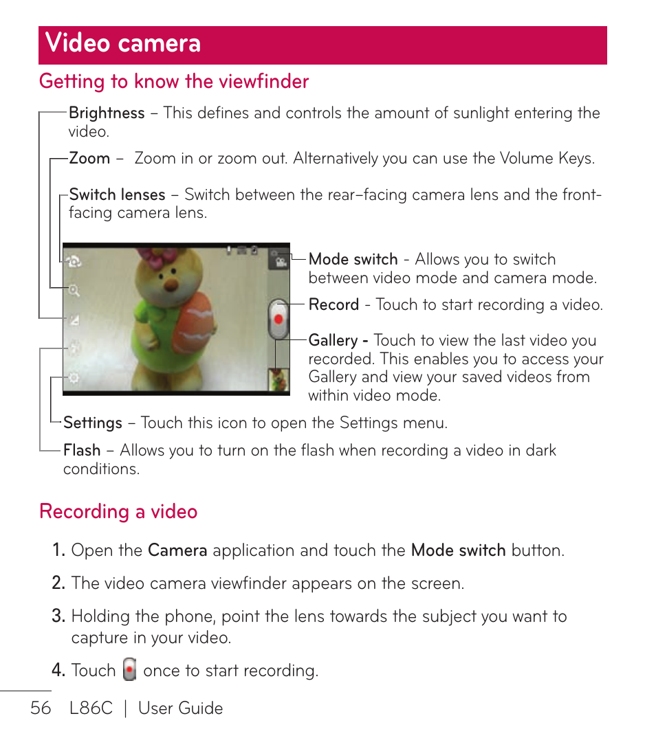 Video camera, Getting to know the viewfinder, Recording a video | LG LGL86C User Manual | Page 57 / 89