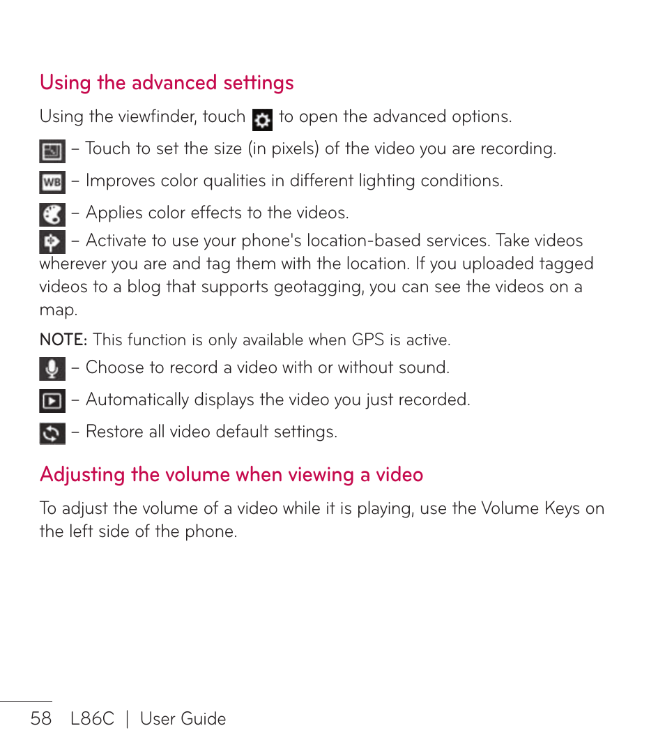Using the advanced settings, Adjusting the volume when viewing a video | LG LGL86C User Manual | Page 59 / 89