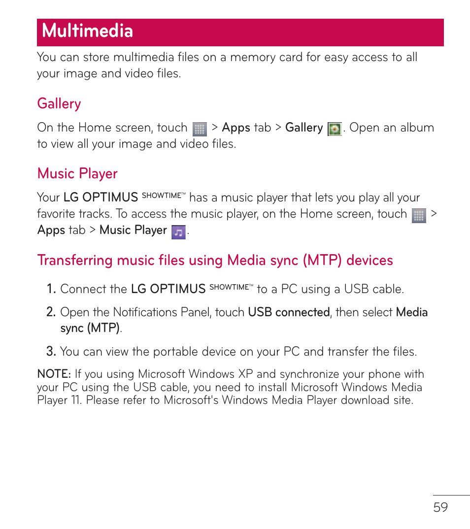 Multimedia, Gallery, Music player | LG LGL86C User Manual | Page 60 / 89