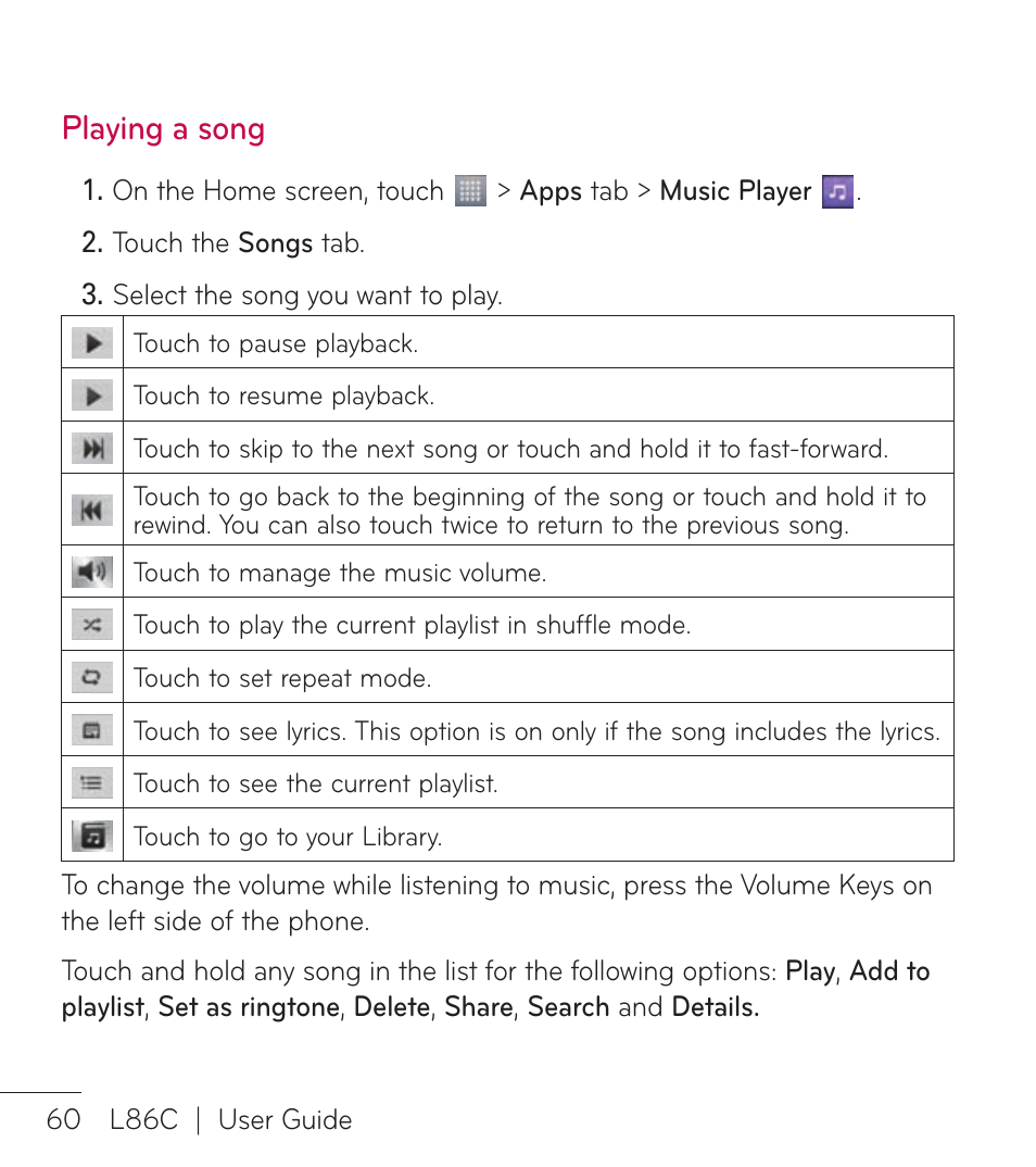 Playing a song | LG LGL86C User Manual | Page 61 / 89