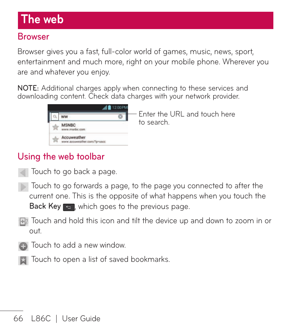 The web, Browser, Using the web toolbar | LG LGL86C User Manual | Page 67 / 89