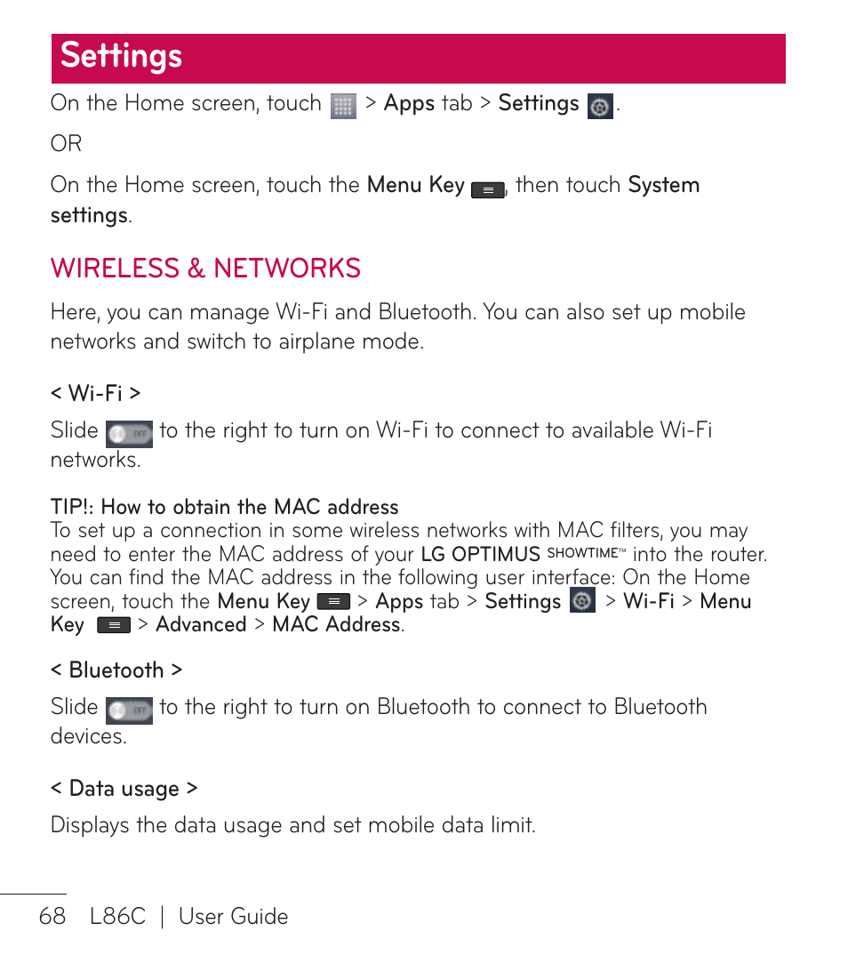 Settings, Wireless & networks | LG LGL86C User Manual | Page 69 / 89