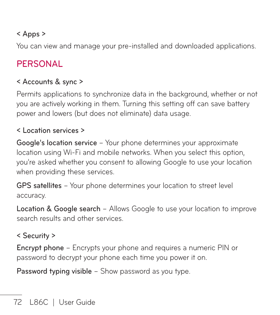 Personal | LG LGL86C User Manual | Page 73 / 89