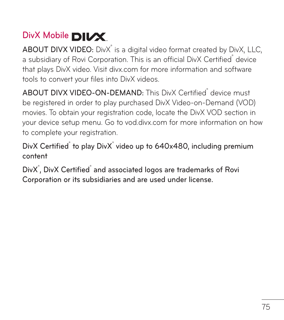 Divx mobile | LG LGL86C User Manual | Page 76 / 89