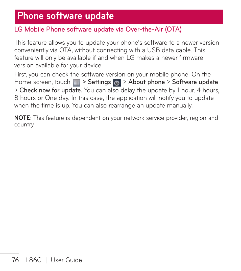 Phone software update | LG LGL86C User Manual | Page 77 / 89