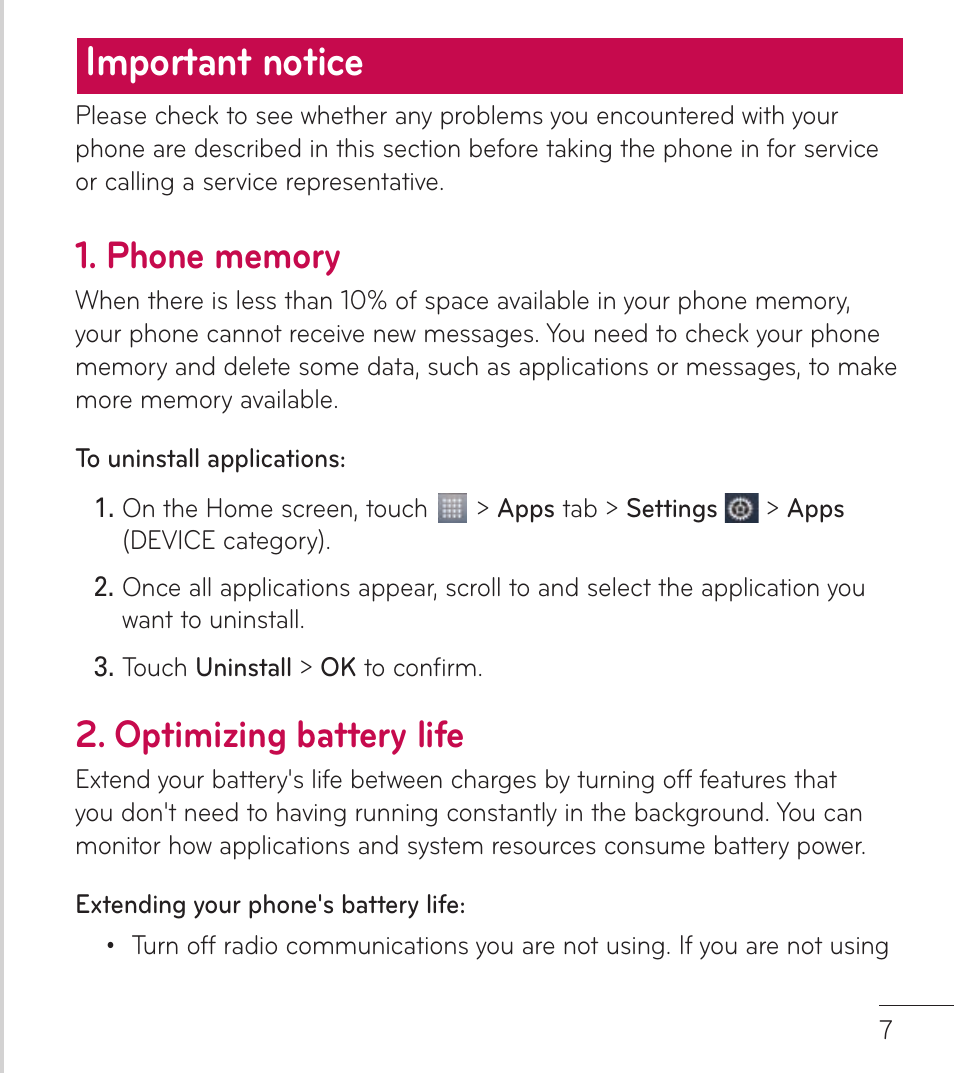 Important notice, Optimizing battery life | LG LGL86C User Manual | Page 8 / 89