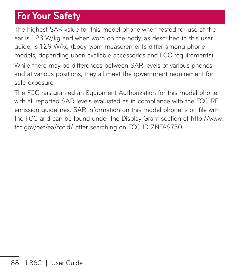 For your safety | LG LGL86C User Manual | Page 89 / 89