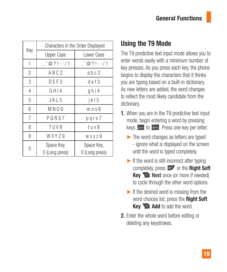 Using the t9 mode | LG LGA340 User Manual | Page 19 / 113