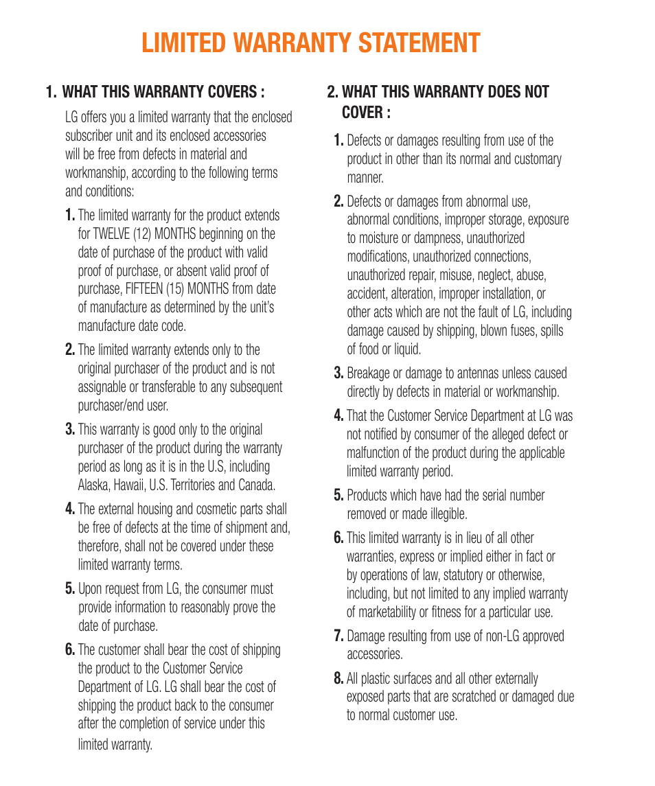 Limited warranty statement | LG LGA340 User Manual | Page 2 / 113