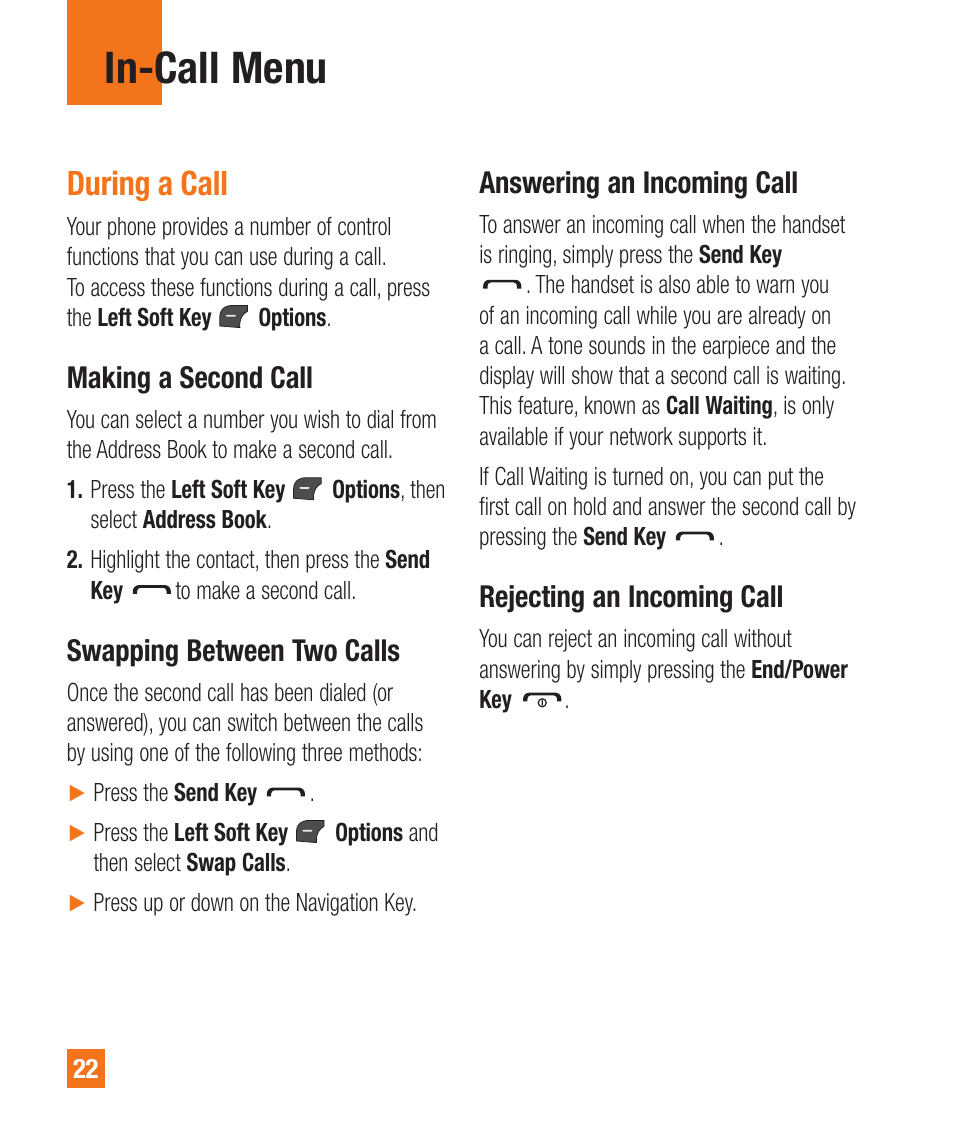 In-call menu, During a call, Making a second call | Swapping between two calls, Answering an incoming call, Rejecting an incoming call | LG LGA340 User Manual | Page 22 / 113