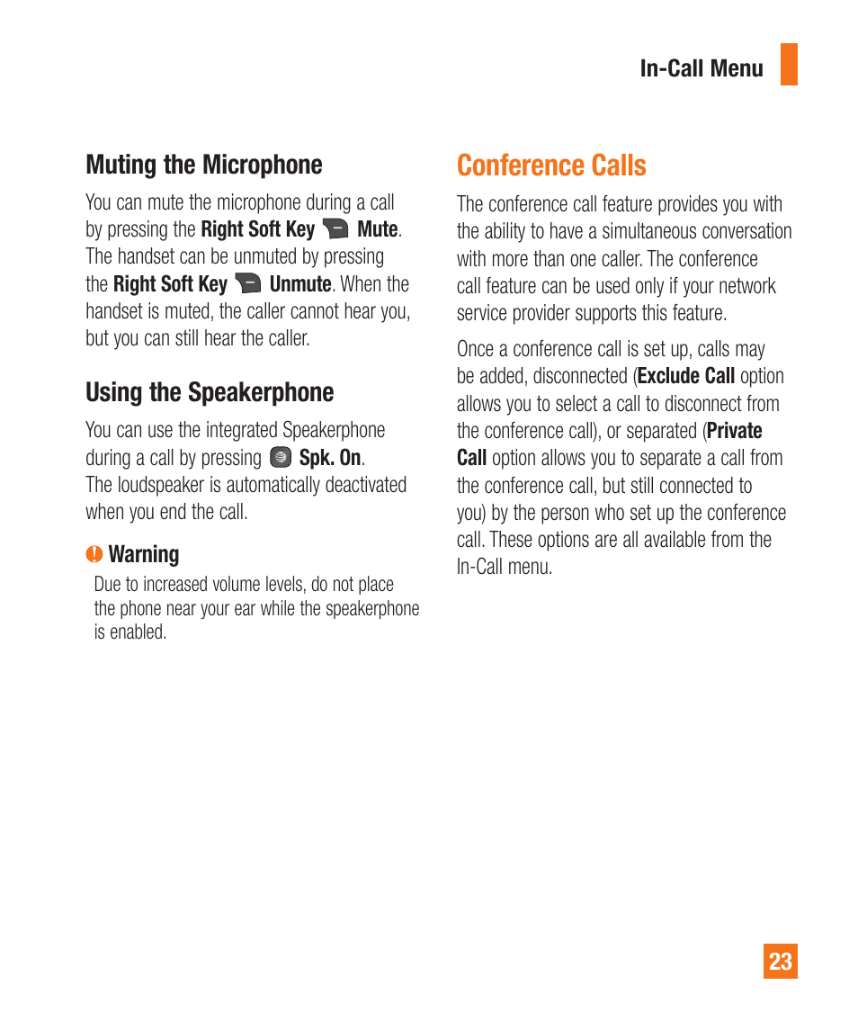 Muting the microphone, Using the speakerphone, Conference calls | LG LGA340 User Manual | Page 23 / 113