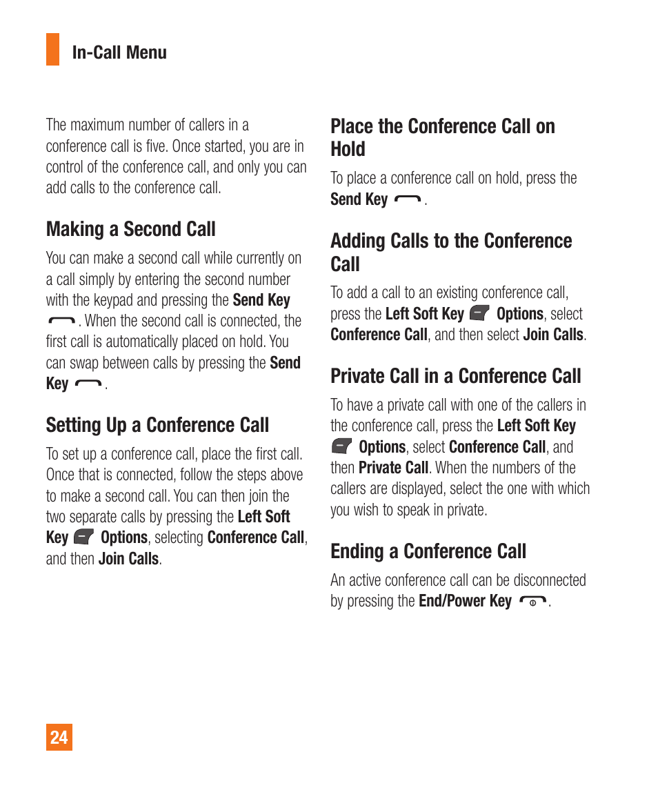 Making a second call, Setting up a conference call, Place the conference call on hold | Adding calls to the conference call, Private call in a conference call, Ending a conference call | LG LGA340 User Manual | Page 24 / 113