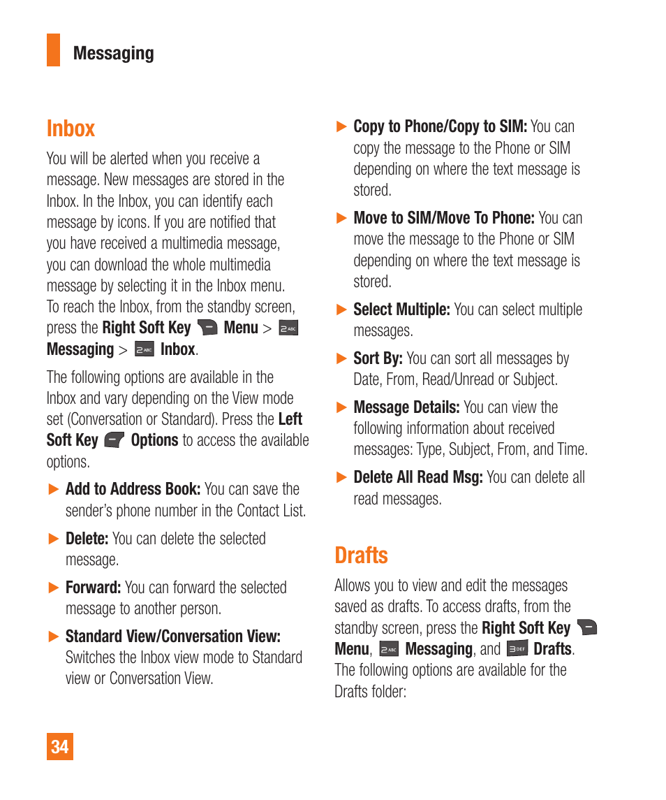 Inbox, Drafts | LG LGA340 User Manual | Page 34 / 113