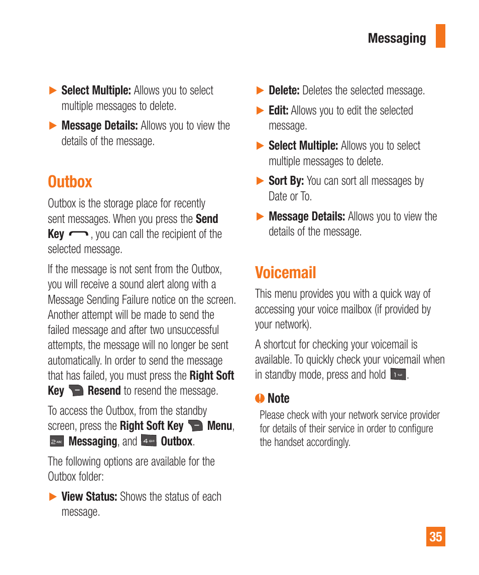 Outbox, Voicemail | LG LGA340 User Manual | Page 35 / 113