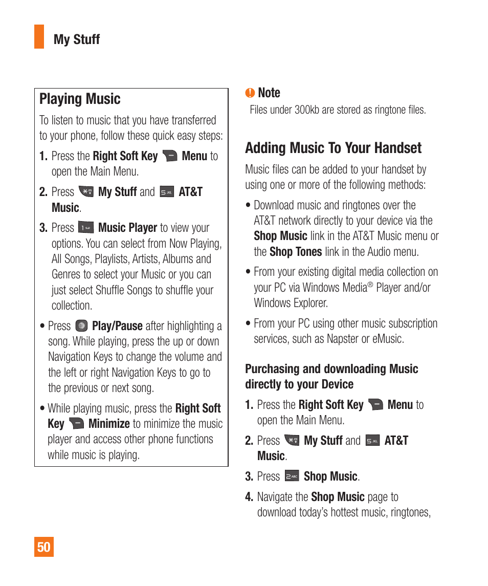 Playing music, Adding music to your handset | LG LGA340 User Manual | Page 50 / 113