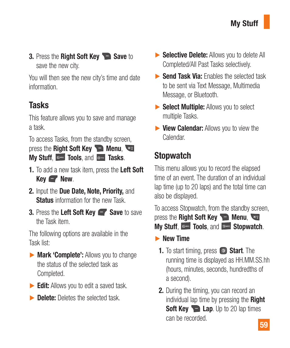 Tasks, Stopwatch | LG LGA340 User Manual | Page 59 / 113
