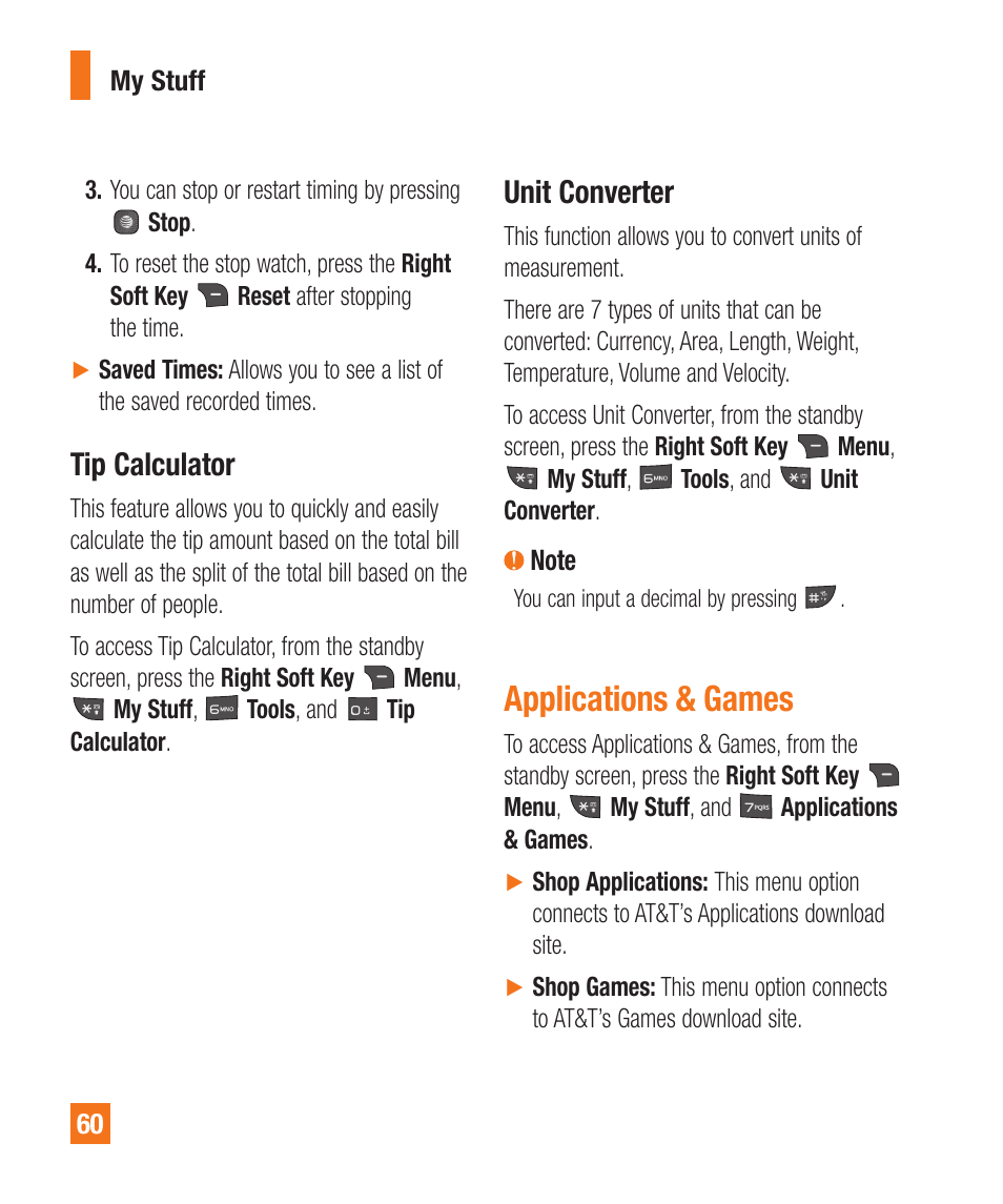 Tip calculator, Unit converter, Applications & games | LG LGA340 User Manual | Page 60 / 113