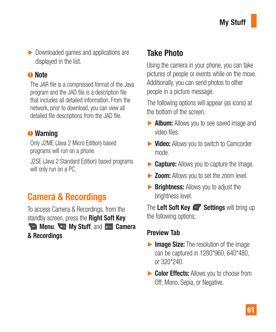 Camera & recordings, Take photo | LG LGA340 User Manual | Page 61 / 113