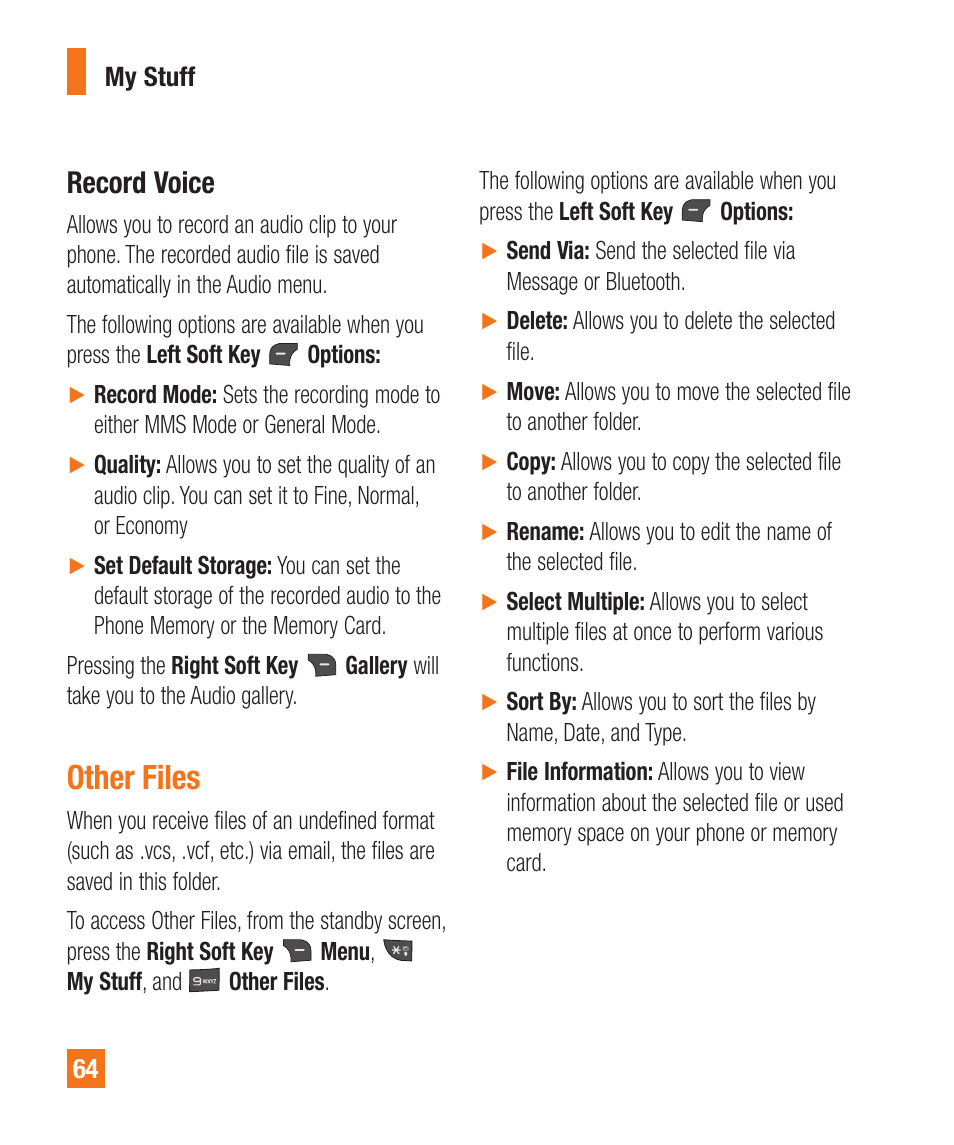 Record voice, Other files | LG LGA340 User Manual | Page 64 / 113